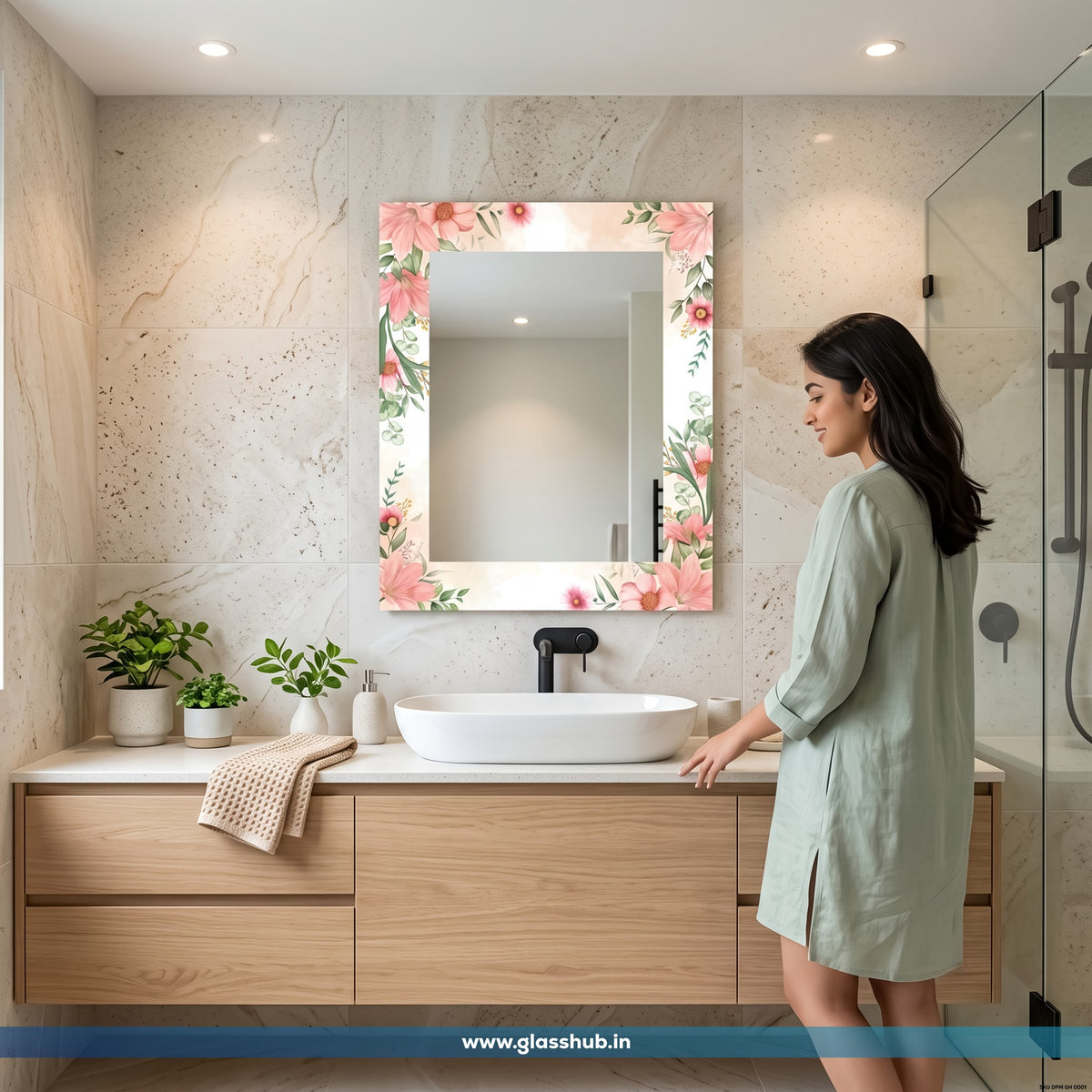 Pink Floral Decorative Bathroom Vanity Mirror – Elegant Rectangular Wall Mirror