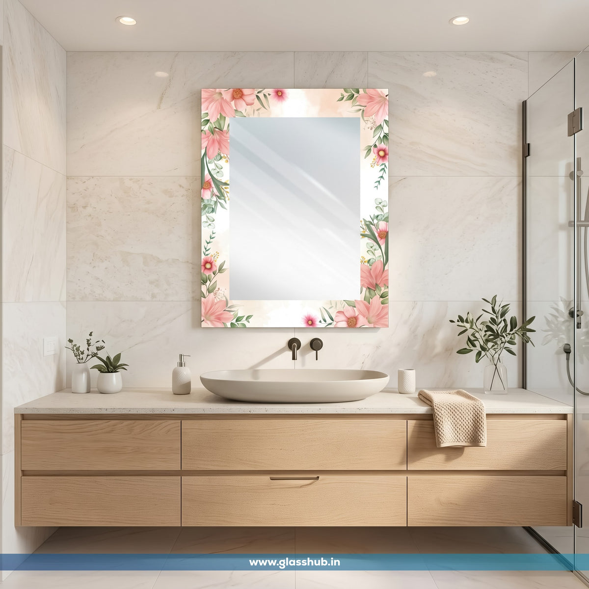 Pink Floral Decorative Bathroom Vanity Mirror – Elegant Rectangular Wall Mirror