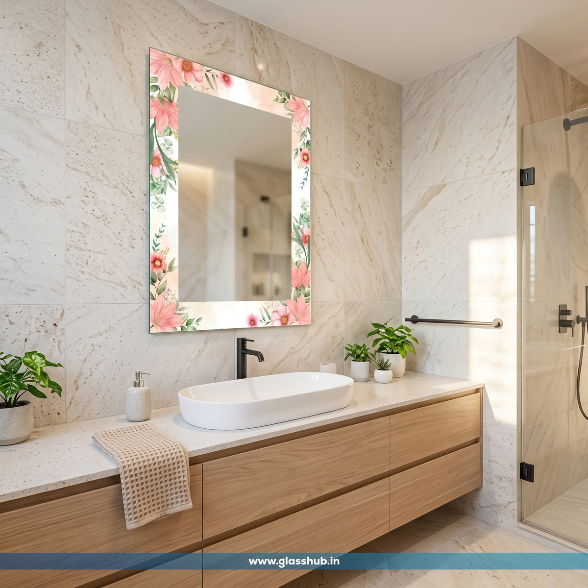 Pink Floral Decorative Bathroom Vanity Mirror – Elegant Rectangular Wall Mirror