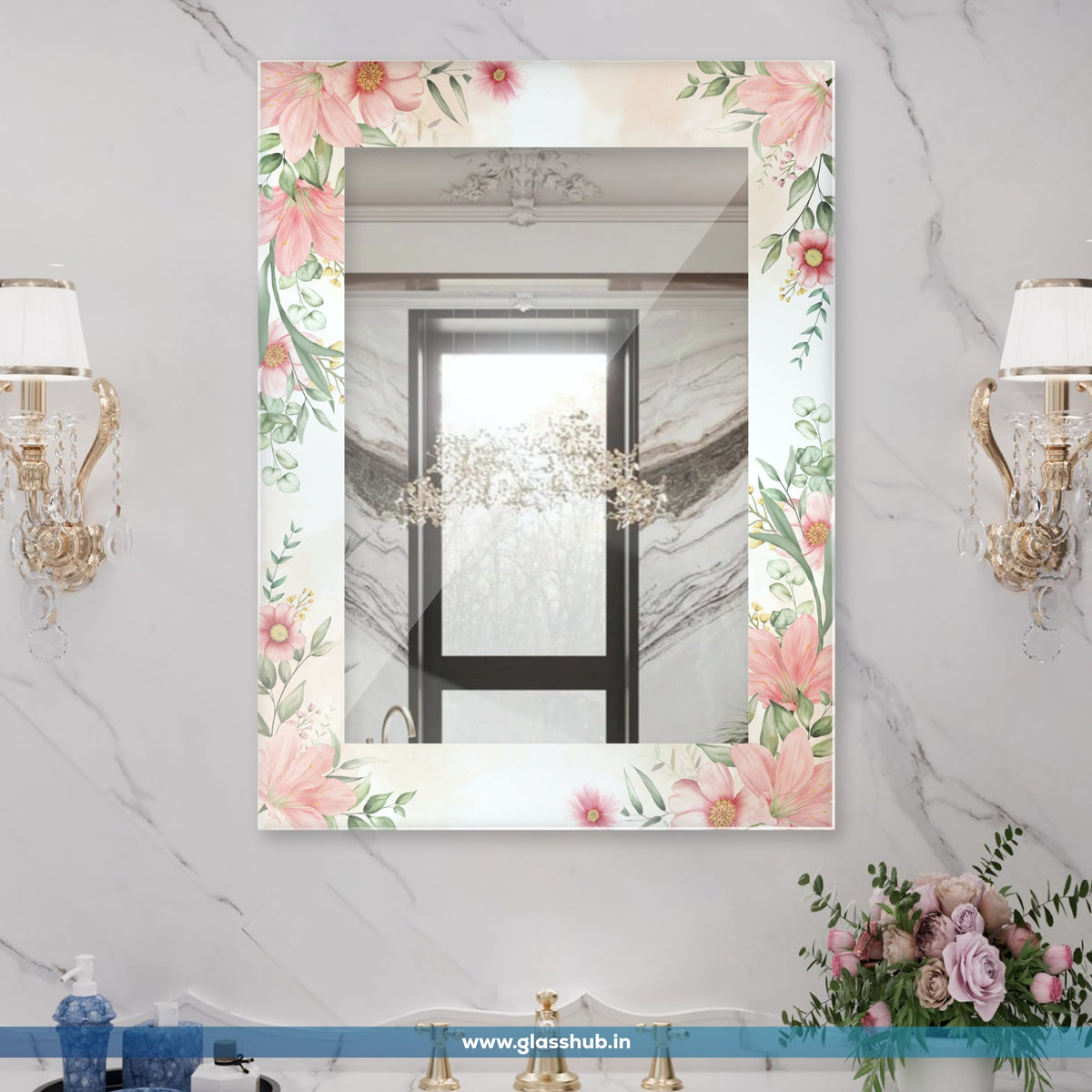 Pink Floral Decorative Bathroom Vanity Mirror – Elegant Rectangular Wall Mirror