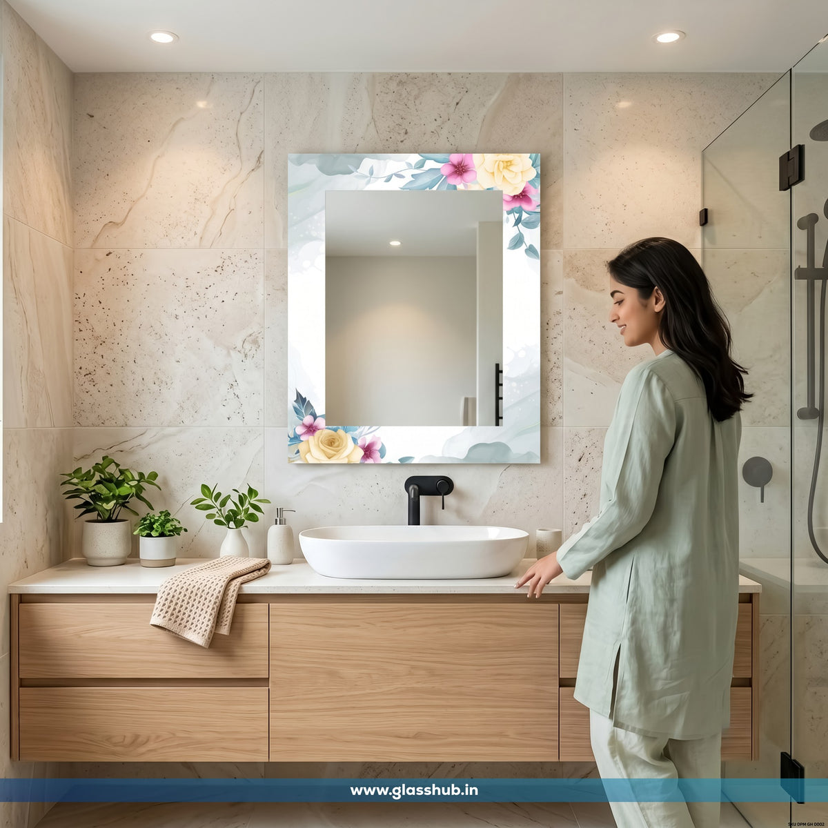 Pastel Floral Bathroom Vanity Mirror – Elegant Rectangular Decorative Wall Mirror