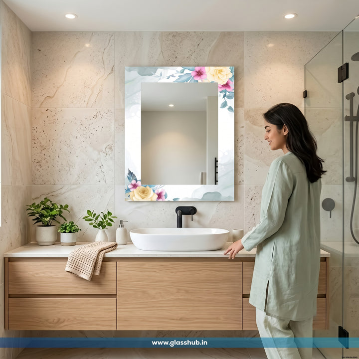 Pastel Floral Bathroom Vanity Mirror, Elegant Rectangular Decorative Wall Mirror