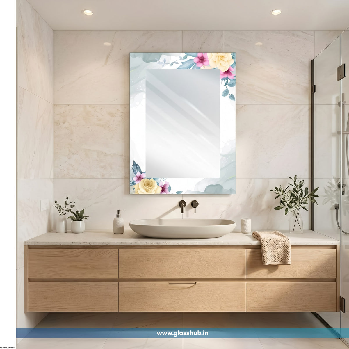 Pastel Floral Bathroom Vanity Mirror – Elegant Rectangular Decorative Wall Mirror