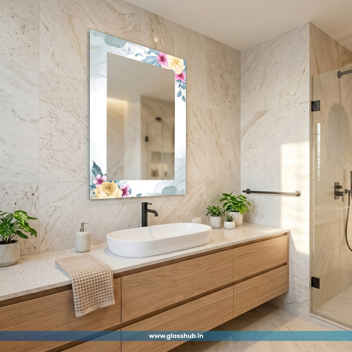 Pastel Floral Bathroom Vanity Mirror – Elegant Rectangular Decorative Wall Mirror