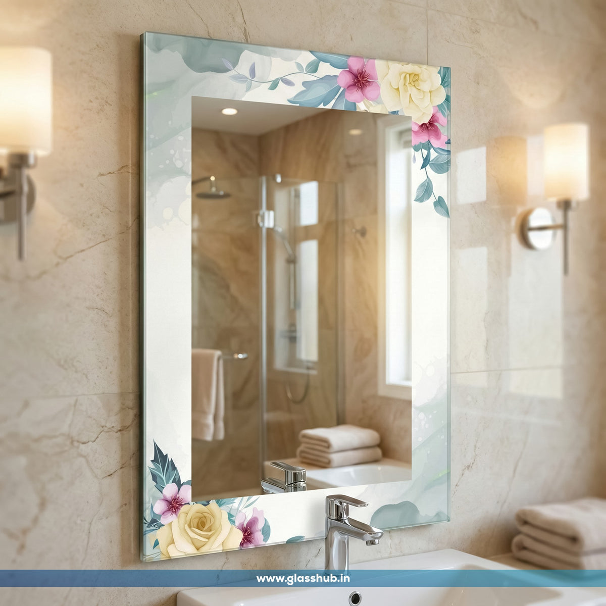 Pastel Floral Bathroom Vanity Mirror – Elegant Rectangular Decorative Wall Mirror