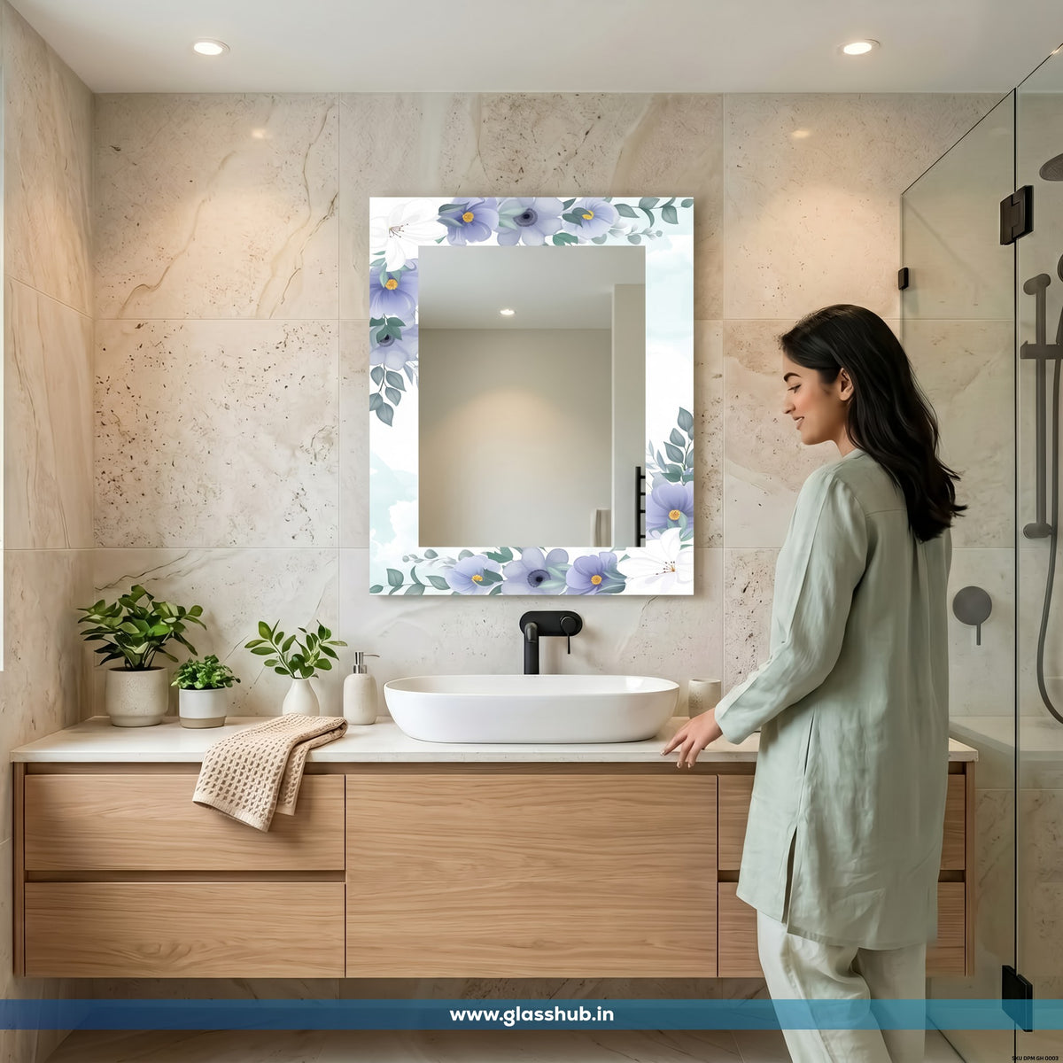 Blue Floral Bathroom Vanity Mirror | Decorative Wall Mirror