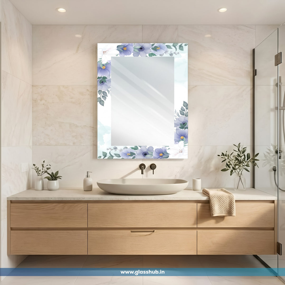 Blue Floral Bathroom Vanity Mirror | Decorative Wall Mirror