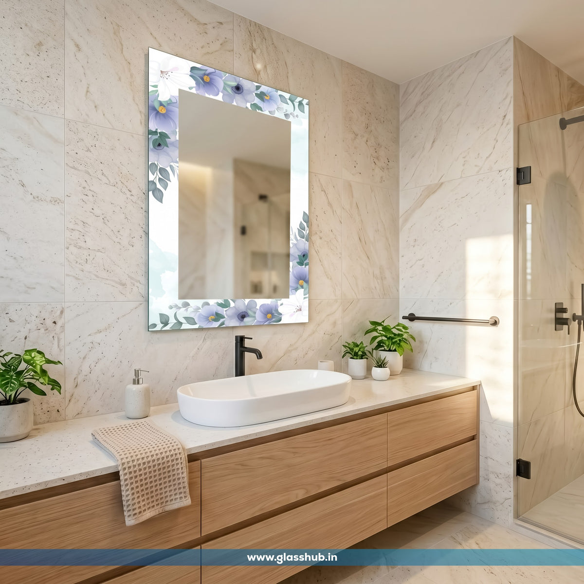 Blue Floral Bathroom Vanity Mirror | Decorative Wall Mirror