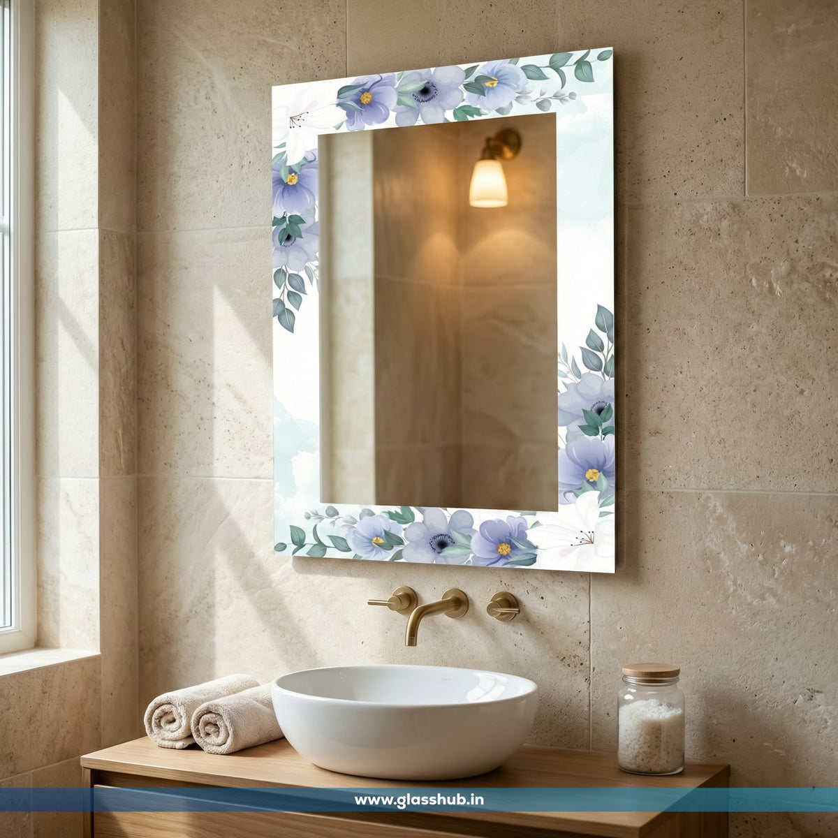 Blue Floral Bathroom Vanity Mirror | Decorative Wall Mirror
