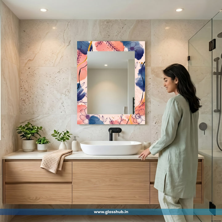 Pink and Blue Floral Bathroom Vanity Mirror, Decorative Wall Mirror