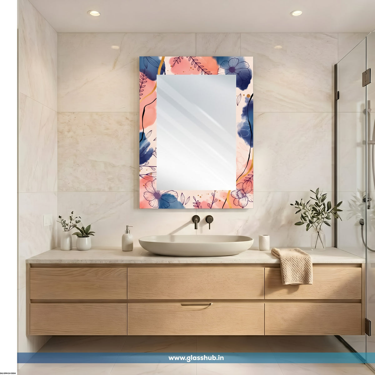 Pink and Blue Floral Bathroom Vanity Mirror | Decorative Wall Mirror