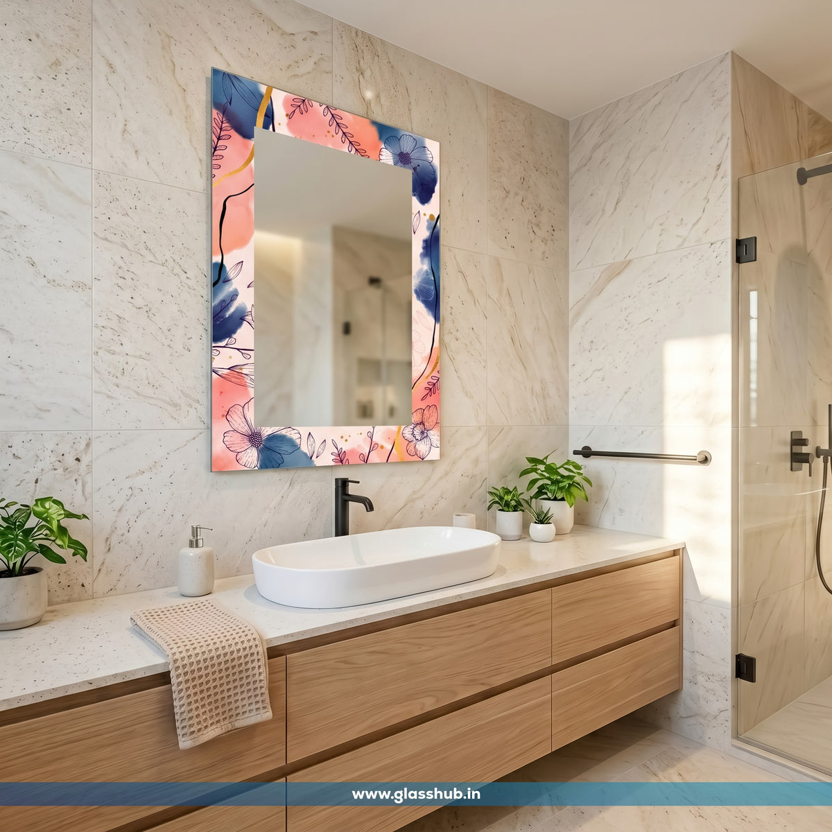 Pink and Blue Floral Bathroom Vanity Mirror | Decorative Wall Mirror