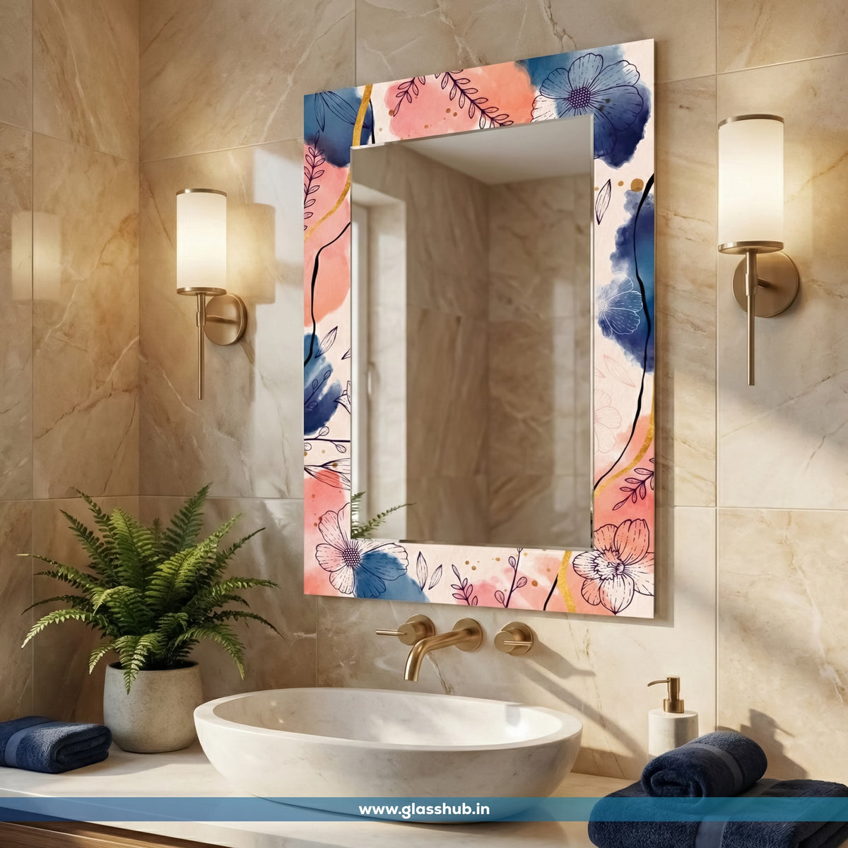 Pink and Blue Floral Bathroom Vanity Mirror | Decorative Wall Mirror