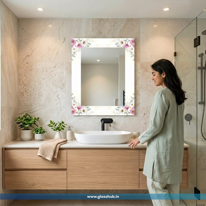 White Floral Bathroom Vanity Mirror, Decorative Wall Mirror