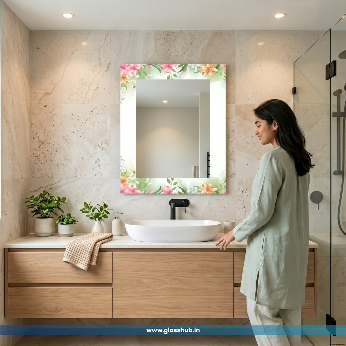 Pink Floral Bathroom Vanity Mirror – Modern Decorative Wall Mirror