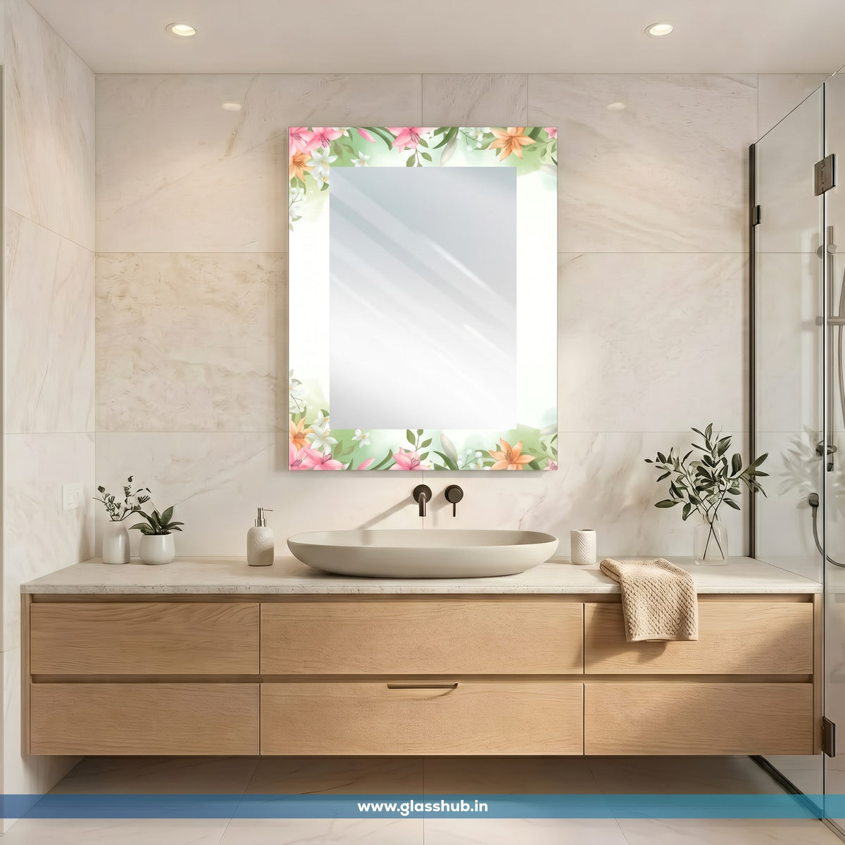 Pink Floral Bathroom Vanity Mirror – Modern Decorative Wall Mirror