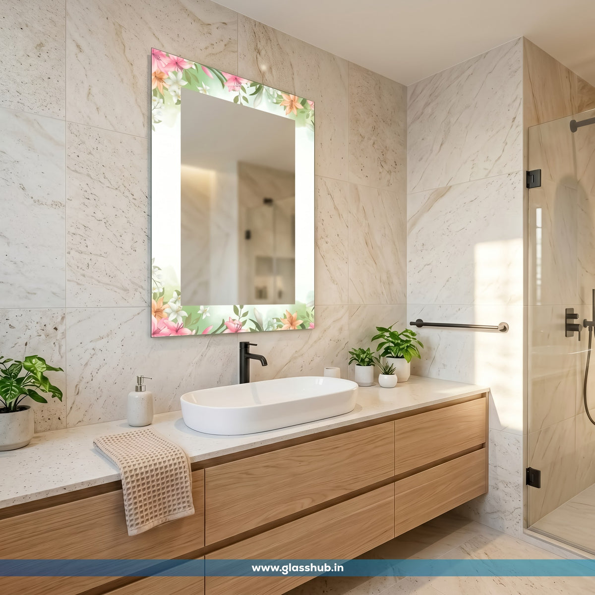 Pink Floral Bathroom Vanity Mirror – Modern Decorative Wall Mirror