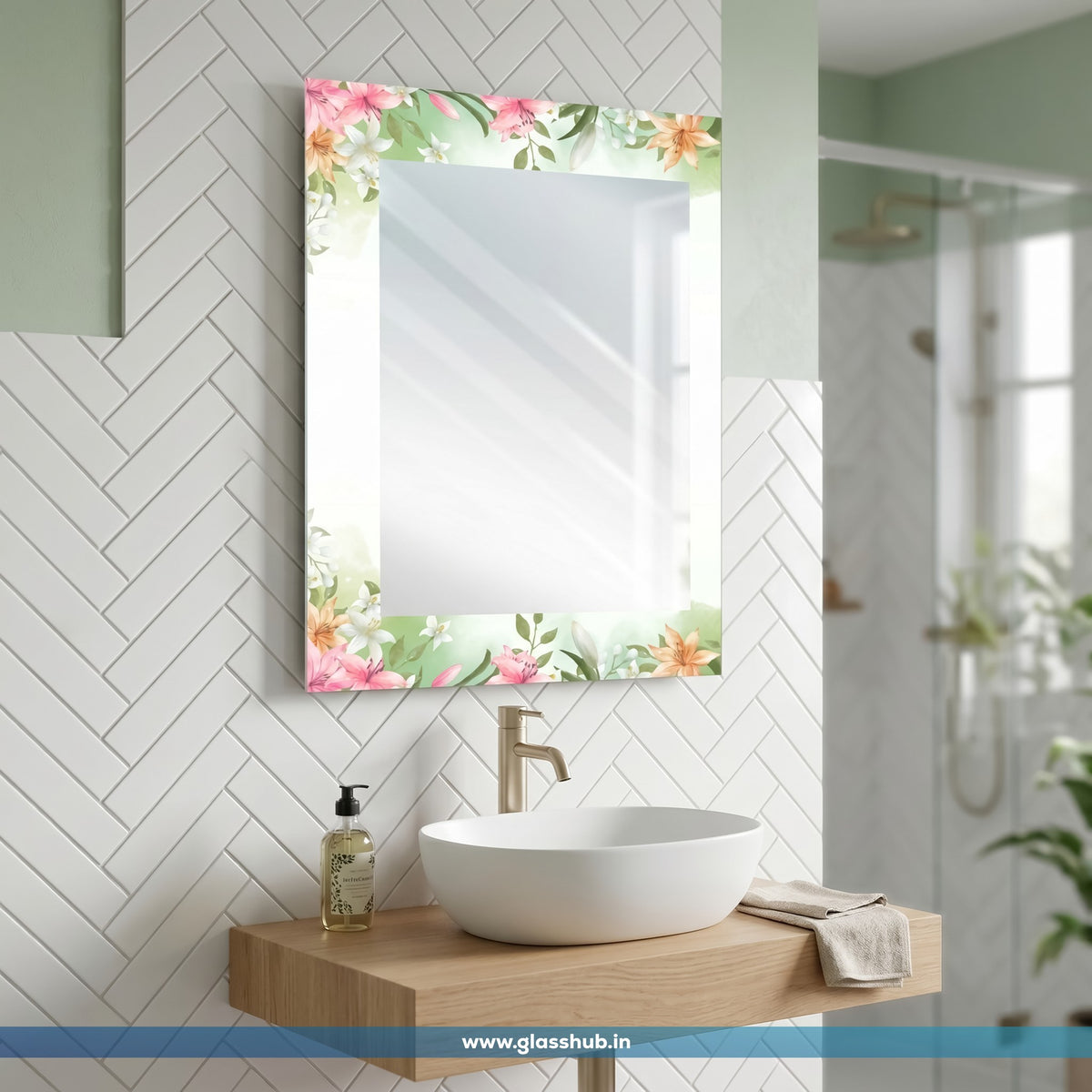 Pink Floral Bathroom Vanity Mirror – Modern Decorative Wall Mirror