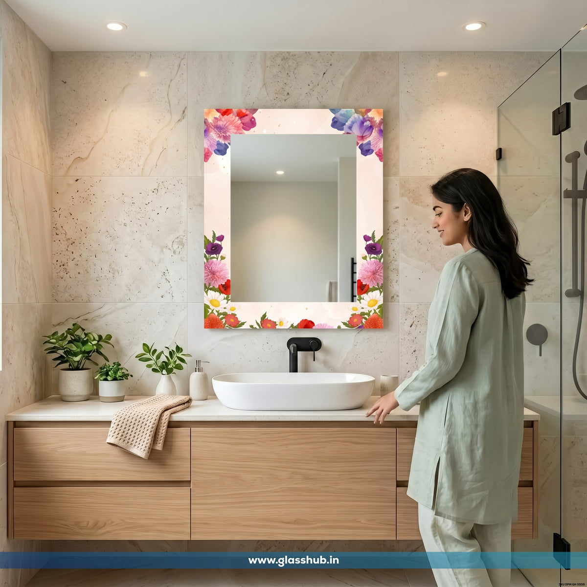 Decorative Floral Bathroom Vanity Wall Mirror – Modern Rectangular Design
