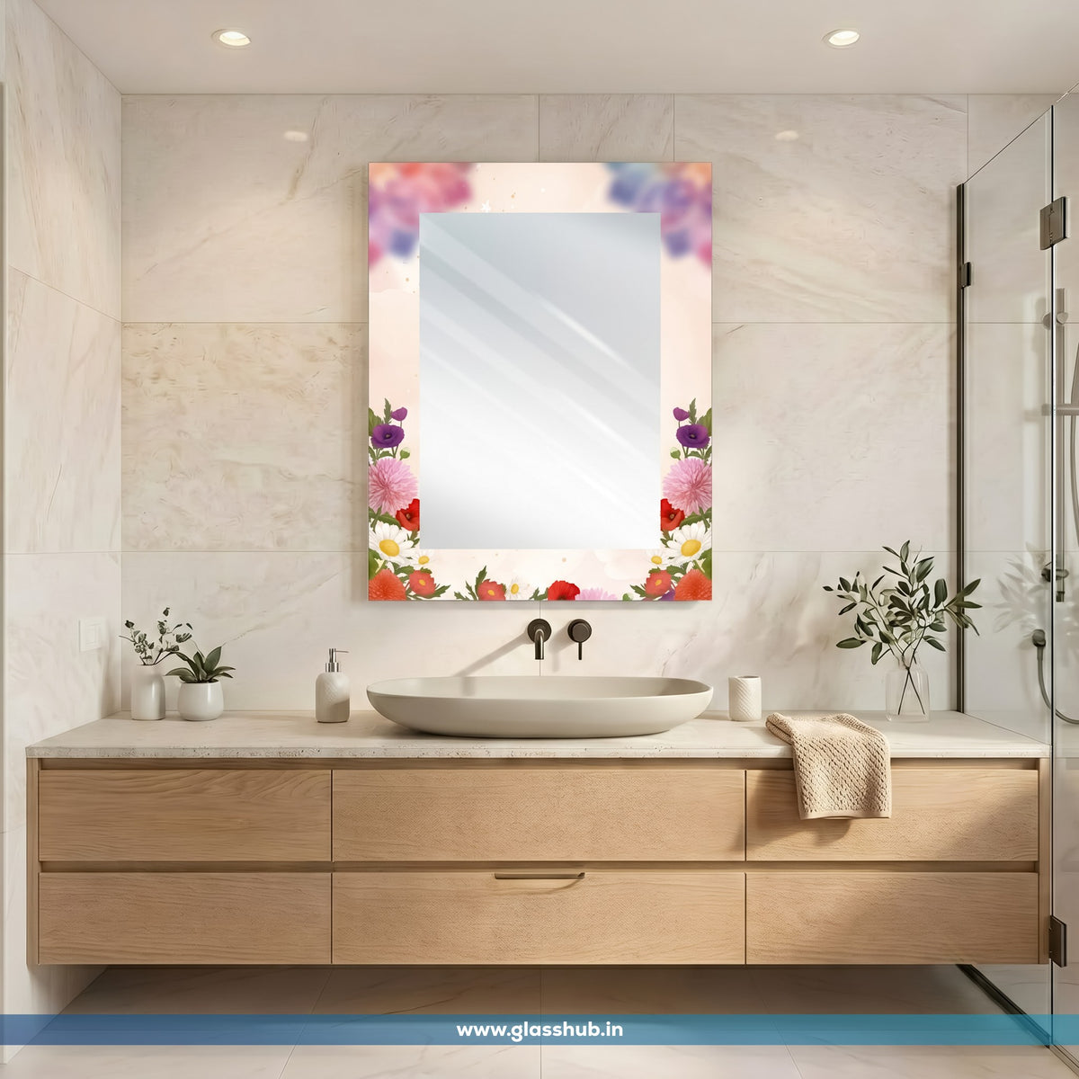 Decorative Floral Bathroom Vanity Wall Mirror – Modern Rectangular Design
