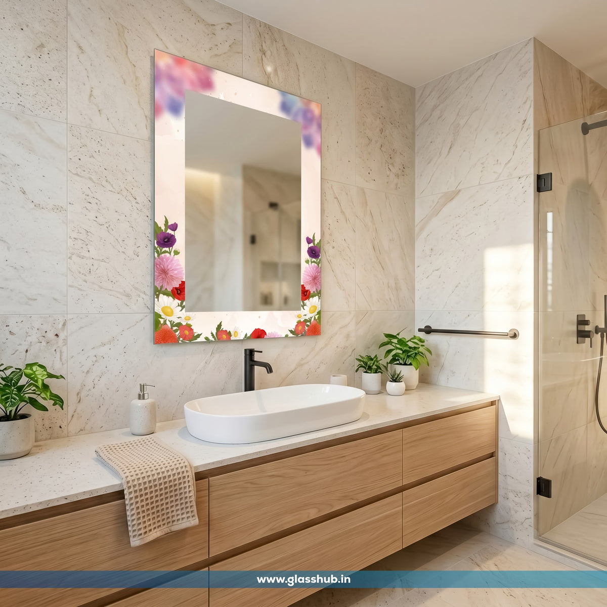 Decorative Floral Bathroom Vanity Wall Mirror – Modern Rectangular Design