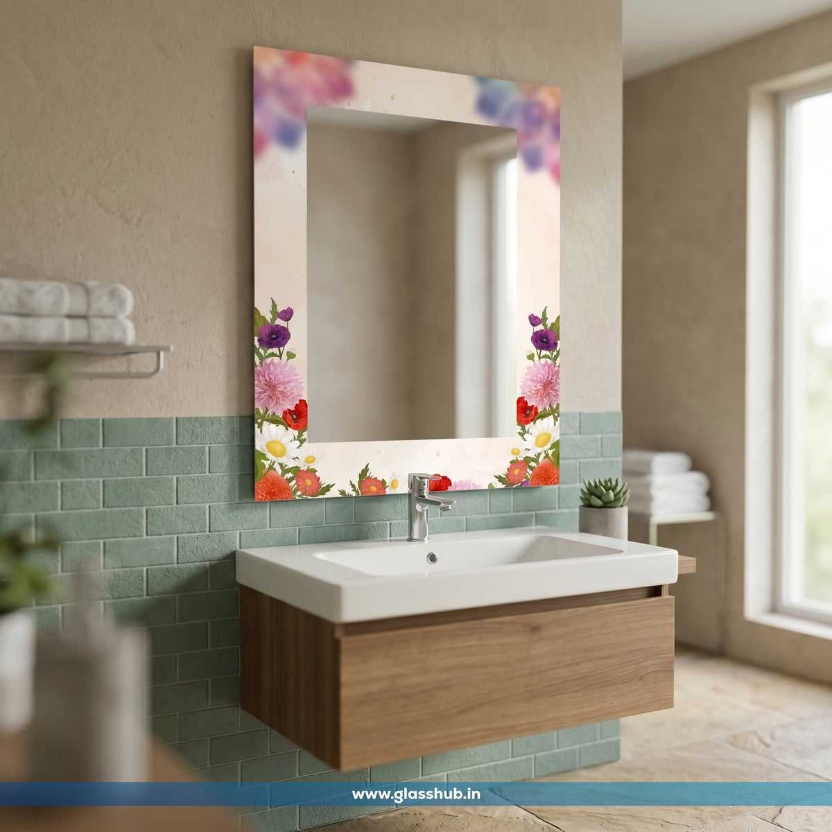 Decorative Floral Bathroom Vanity Wall Mirror – Modern Rectangular Design