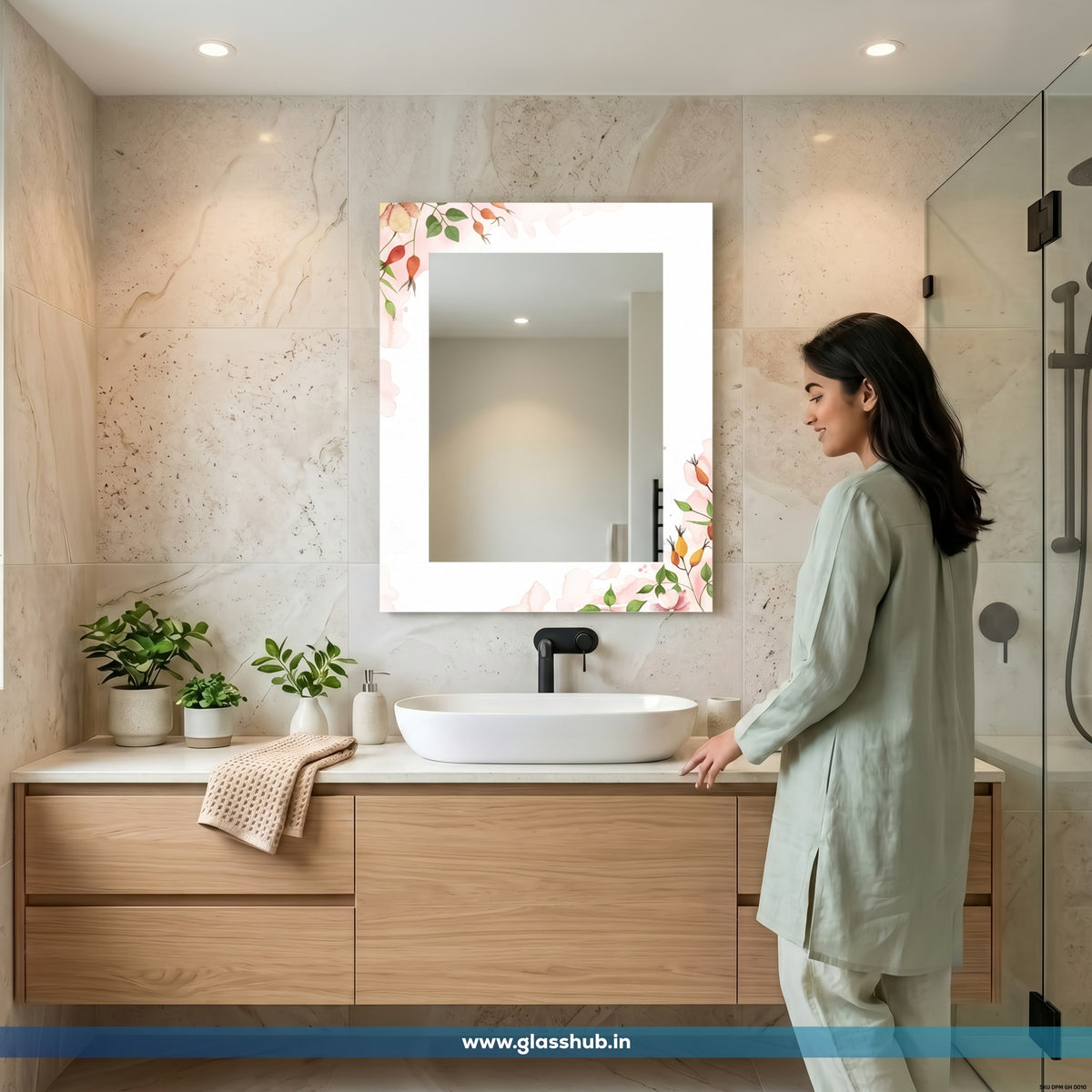 Decorative Botanical Bathroom Vanity Wall Mirror – Modern White Floral Design