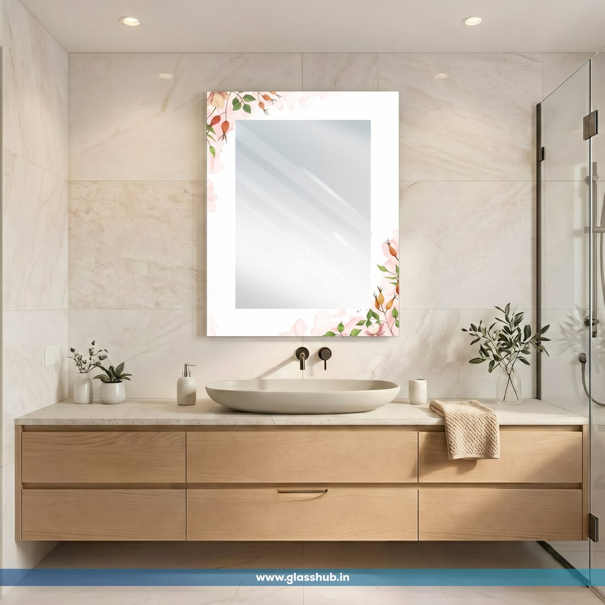 Decorative Botanical Bathroom Vanity Wall Mirror – Modern White Floral Design
