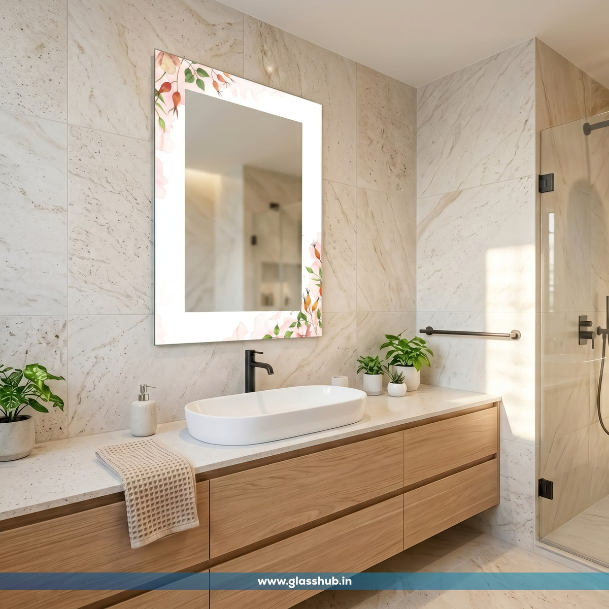 Decorative Botanical Bathroom Vanity Wall Mirror – Modern White Floral Design