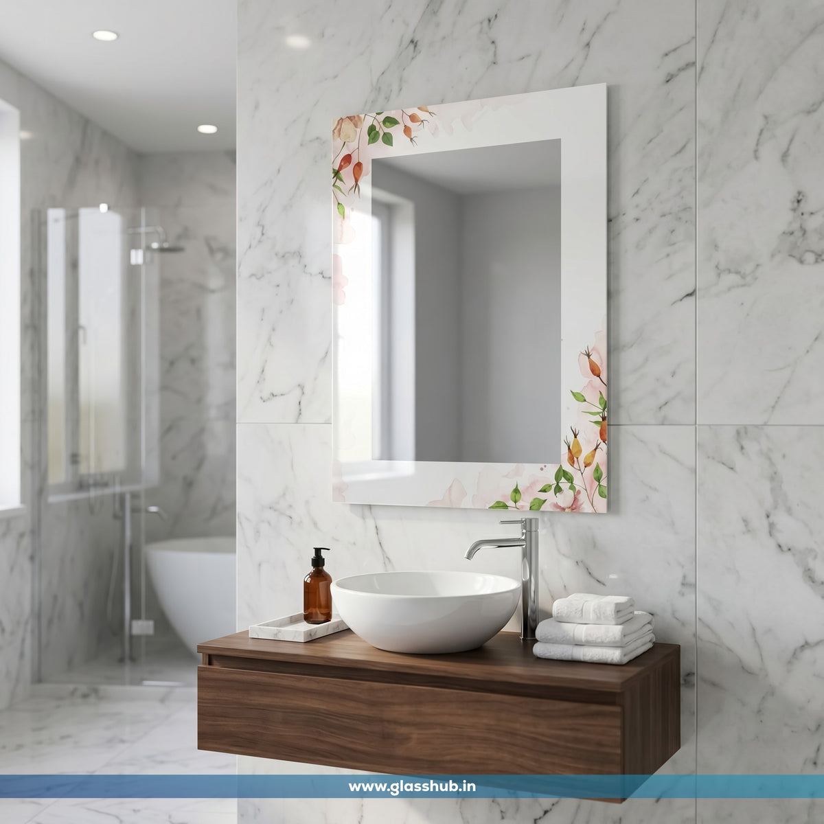 Decorative Botanical Bathroom Vanity Wall Mirror – Modern White Floral Design