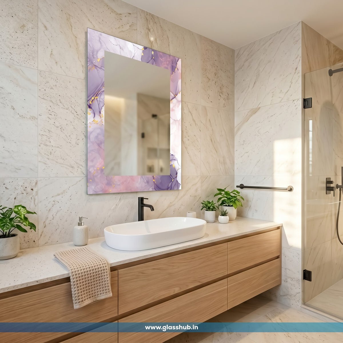 Luxury Purple Marble Bathroom Vanity Mirror with Golden Accents