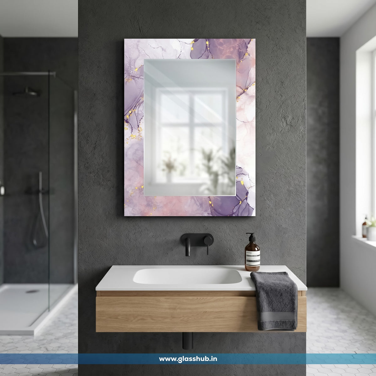 Luxury Purple Marble Bathroom Vanity Mirror with Golden Accents