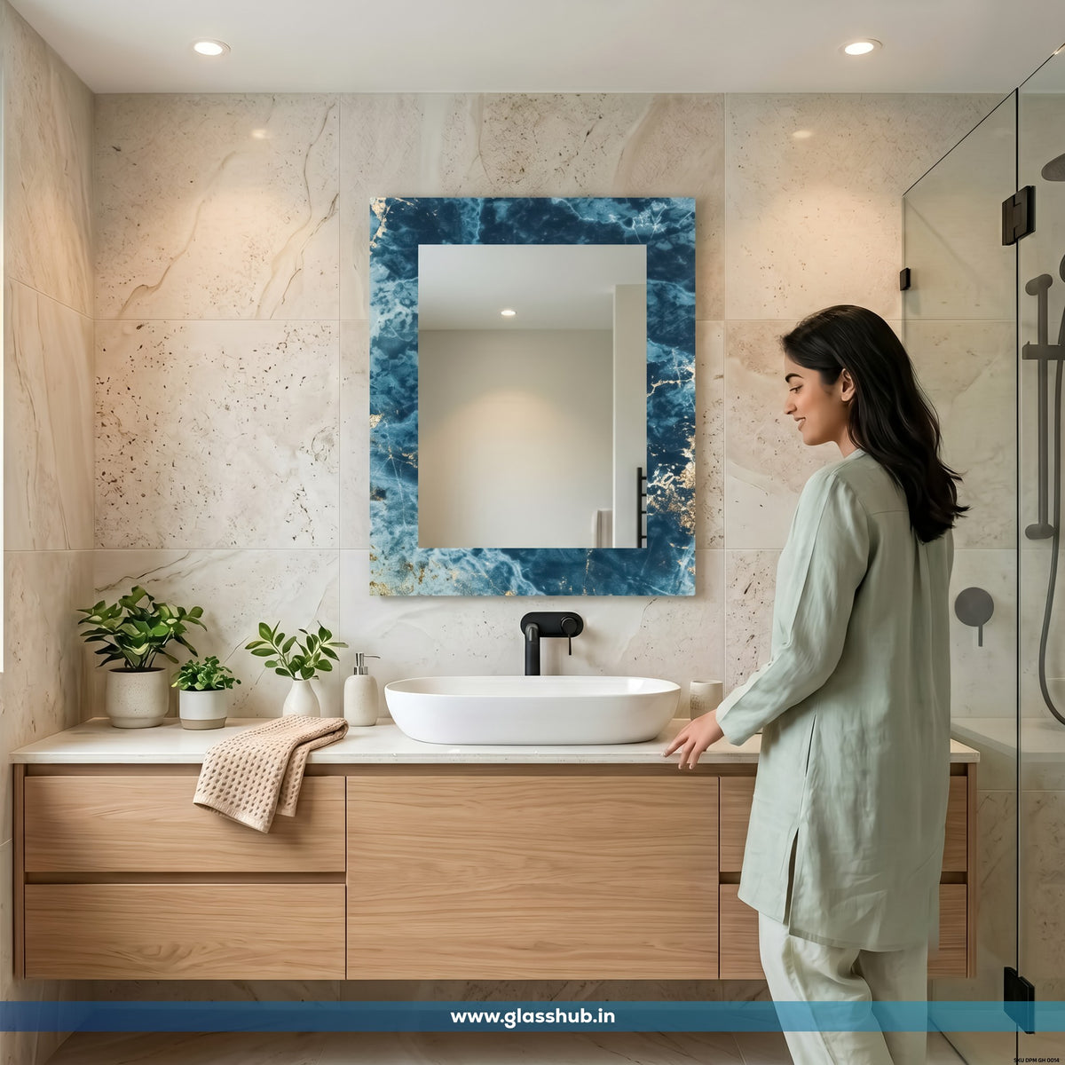 Luxury Blue Marble Bathroom Vanity Mirror with Golden Accents
