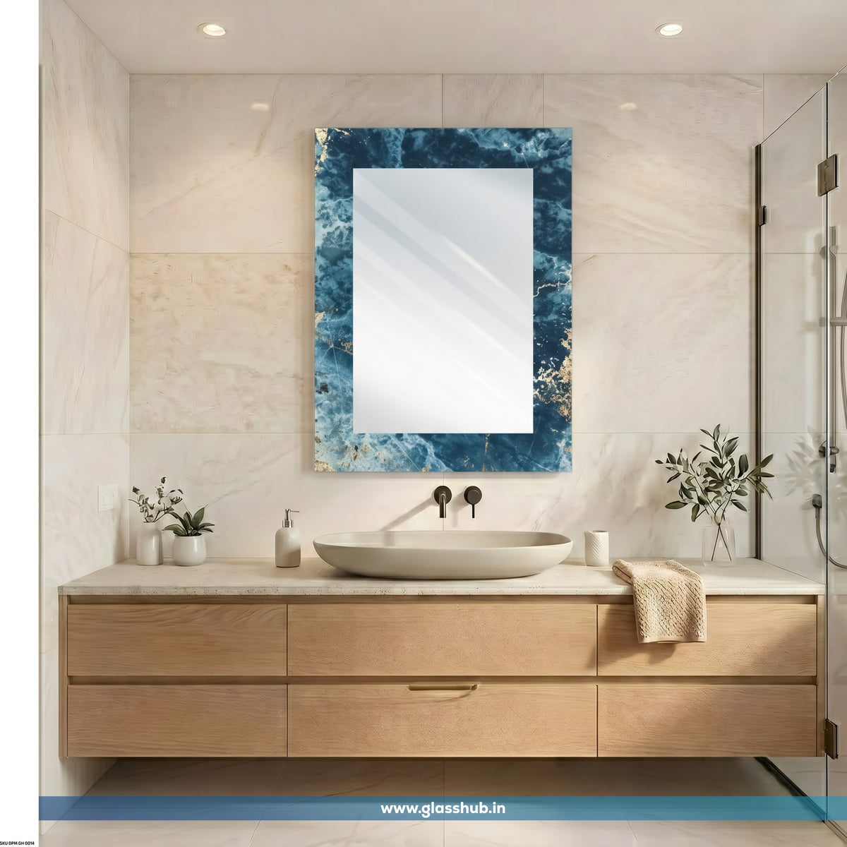 Luxury Blue Marble Bathroom Vanity Mirror with Golden Accents
