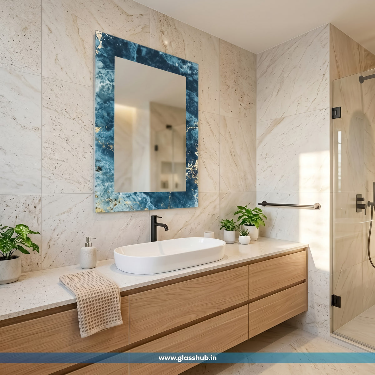 Luxury Blue Marble Bathroom Vanity Mirror with Golden Accents