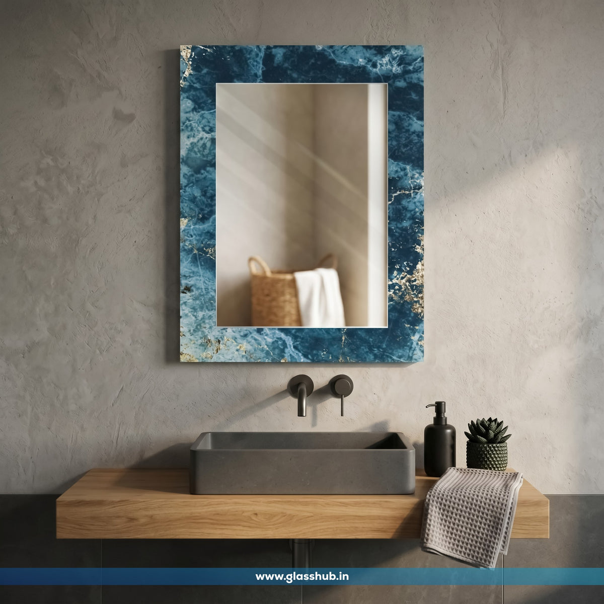 Luxury Blue Marble Bathroom Vanity Mirror with Golden Accents