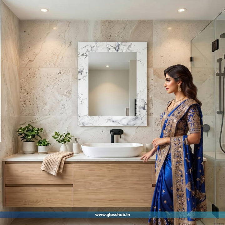 Modern Bathroom Vanity Mirror with White Grey Marble-Effect Frame, Decorative Wall Mirror for Bathroom & Dressing Area