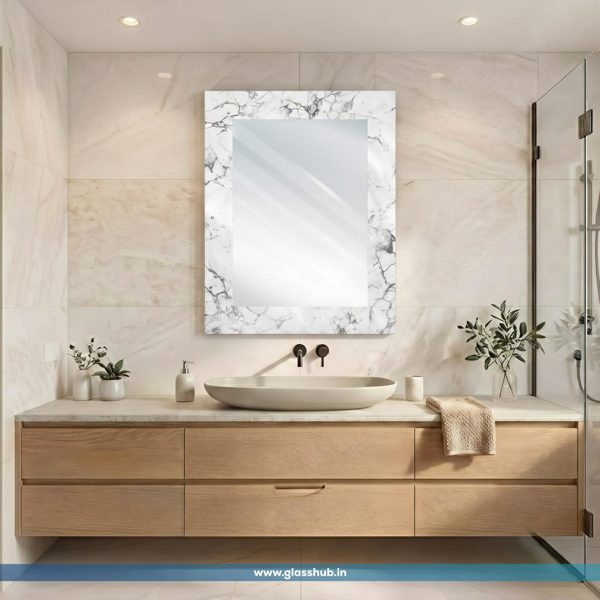 Modern Bathroom Vanity Mirror with White Grey Marble-Effect Frame – Decorative Wall Mirror for Bathroom & Dressing Area
