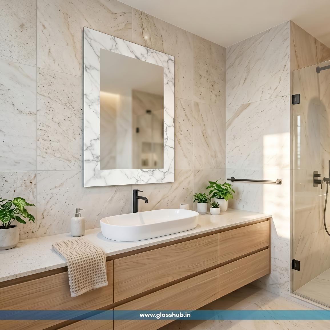 Modern Bathroom Vanity Mirror with White Grey Marble-Effect Frame – Decorative Wall Mirror for Bathroom & Dressing Area