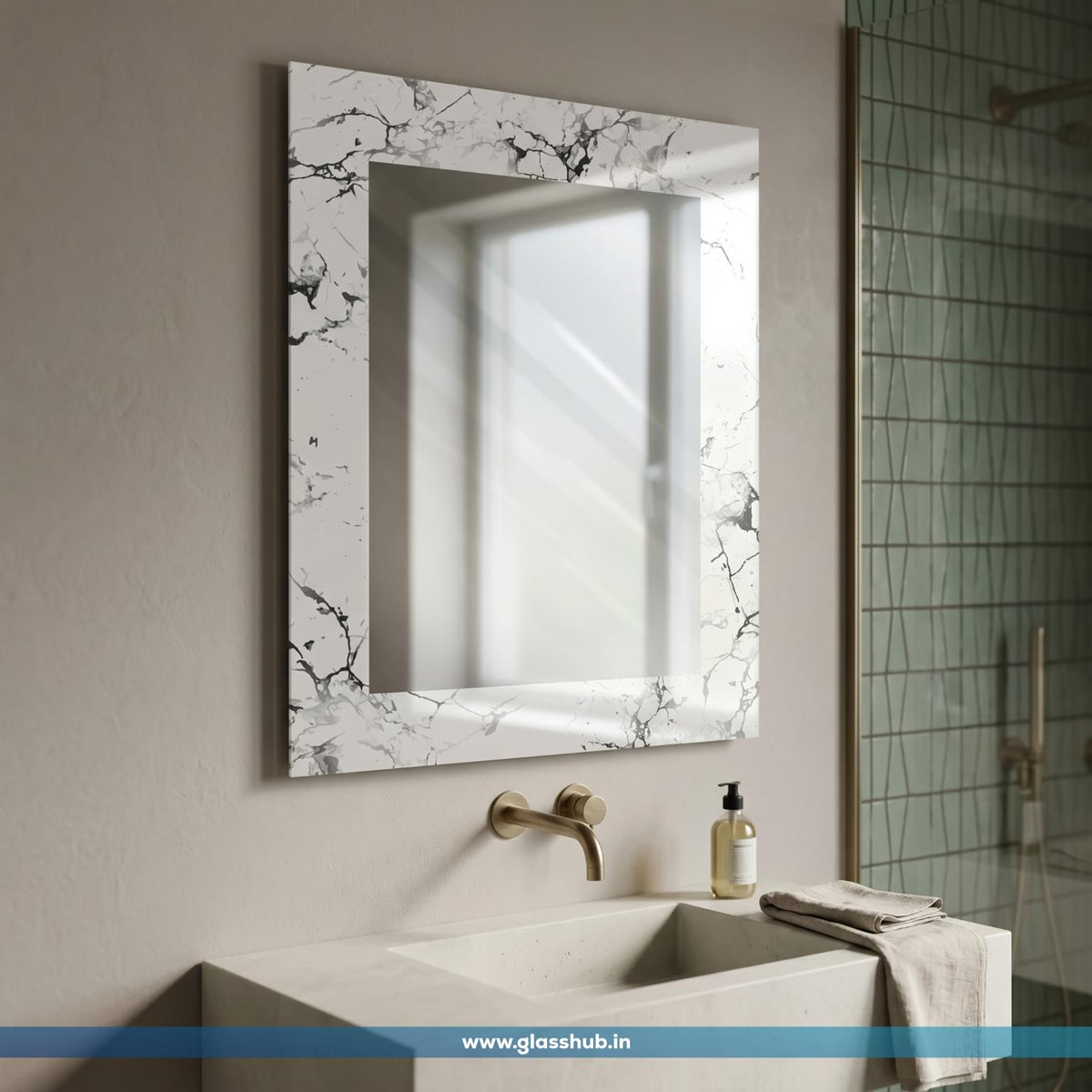 Modern Bathroom Vanity Mirror with White Grey Marble-Effect Frame – Decorative Wall Mirror for Bathroom & Dressing Area