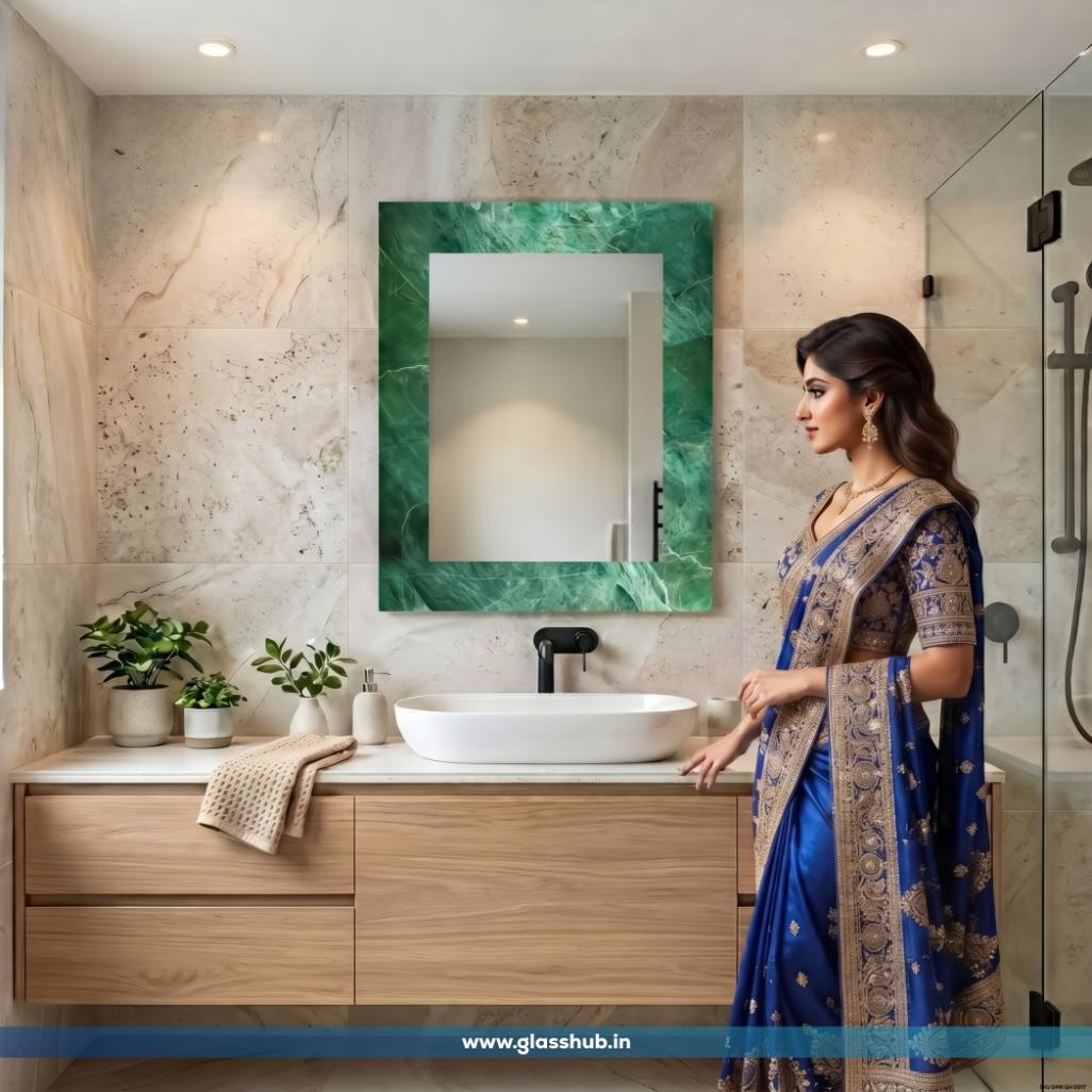 Green Marble-Effect Bathroom Vanity Mirror – Luxury Emerald Green Decorative Rectangular Wall Mirror