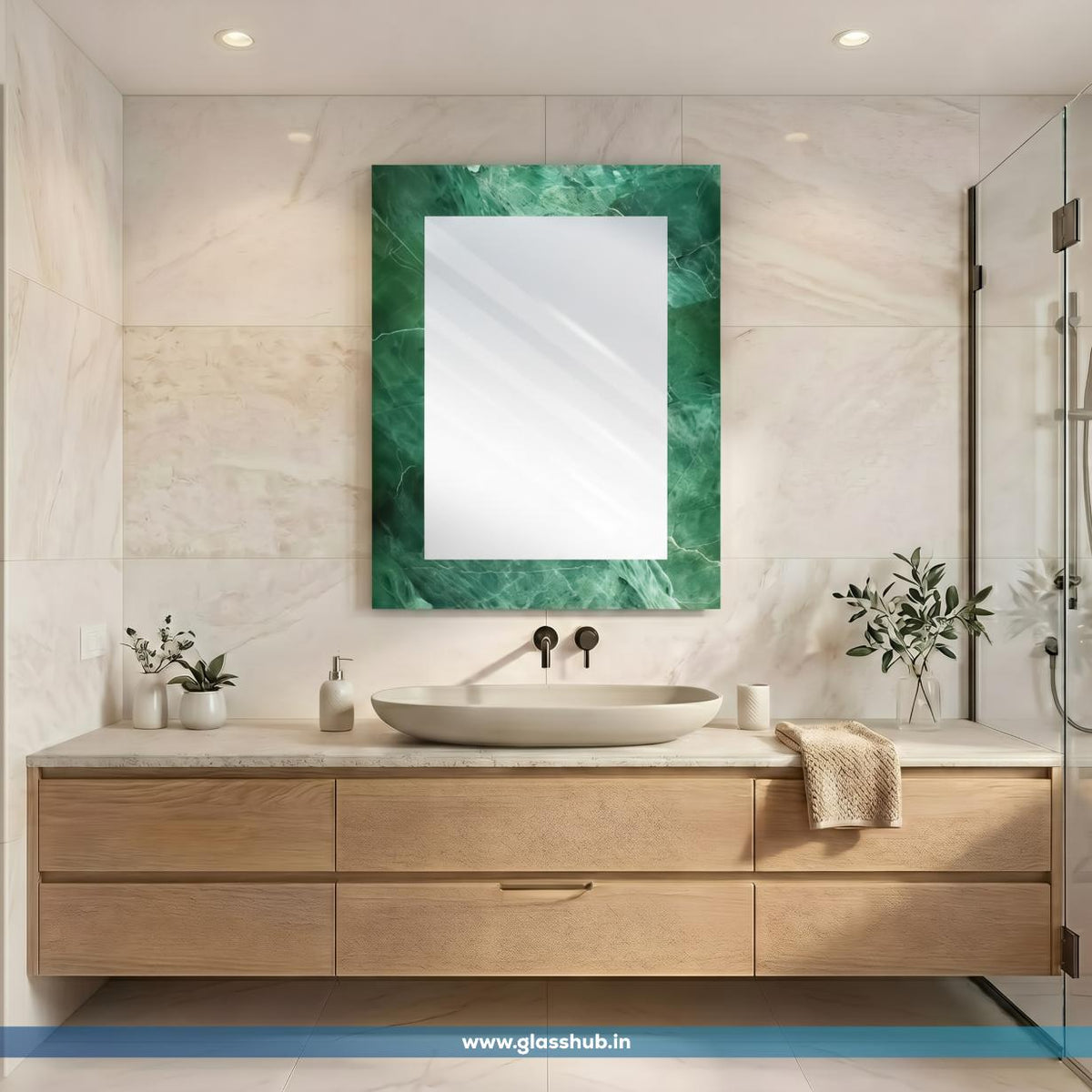 Green Marble-Effect Bathroom Vanity Mirror – Luxury Emerald Green Decorative Rectangular Wall Mirror