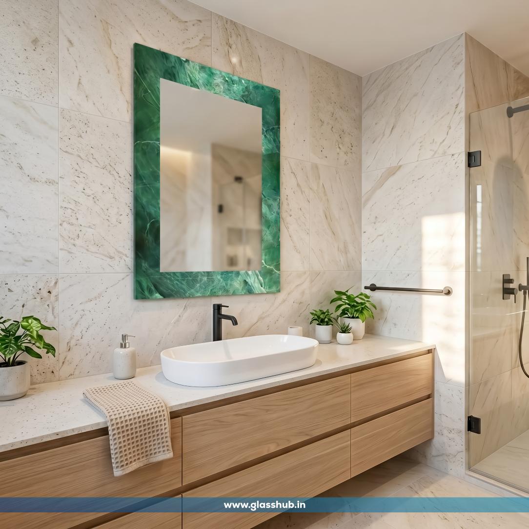 Green Marble-Effect Bathroom Vanity Mirror – Luxury Emerald Green Decorative Rectangular Wall Mirror