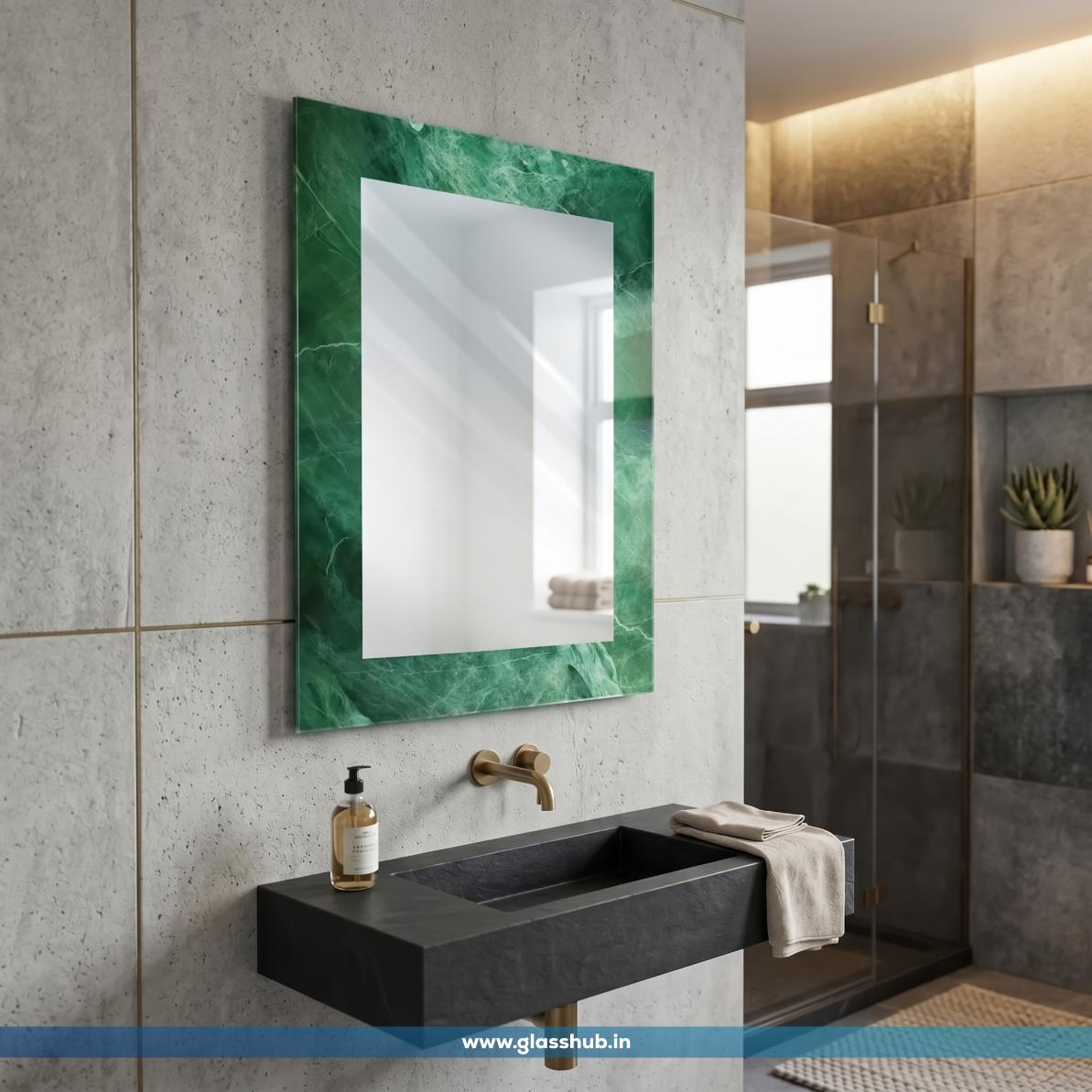 Green Marble-Effect Bathroom Vanity Mirror – Luxury Emerald Green Decorative Rectangular Wall Mirror