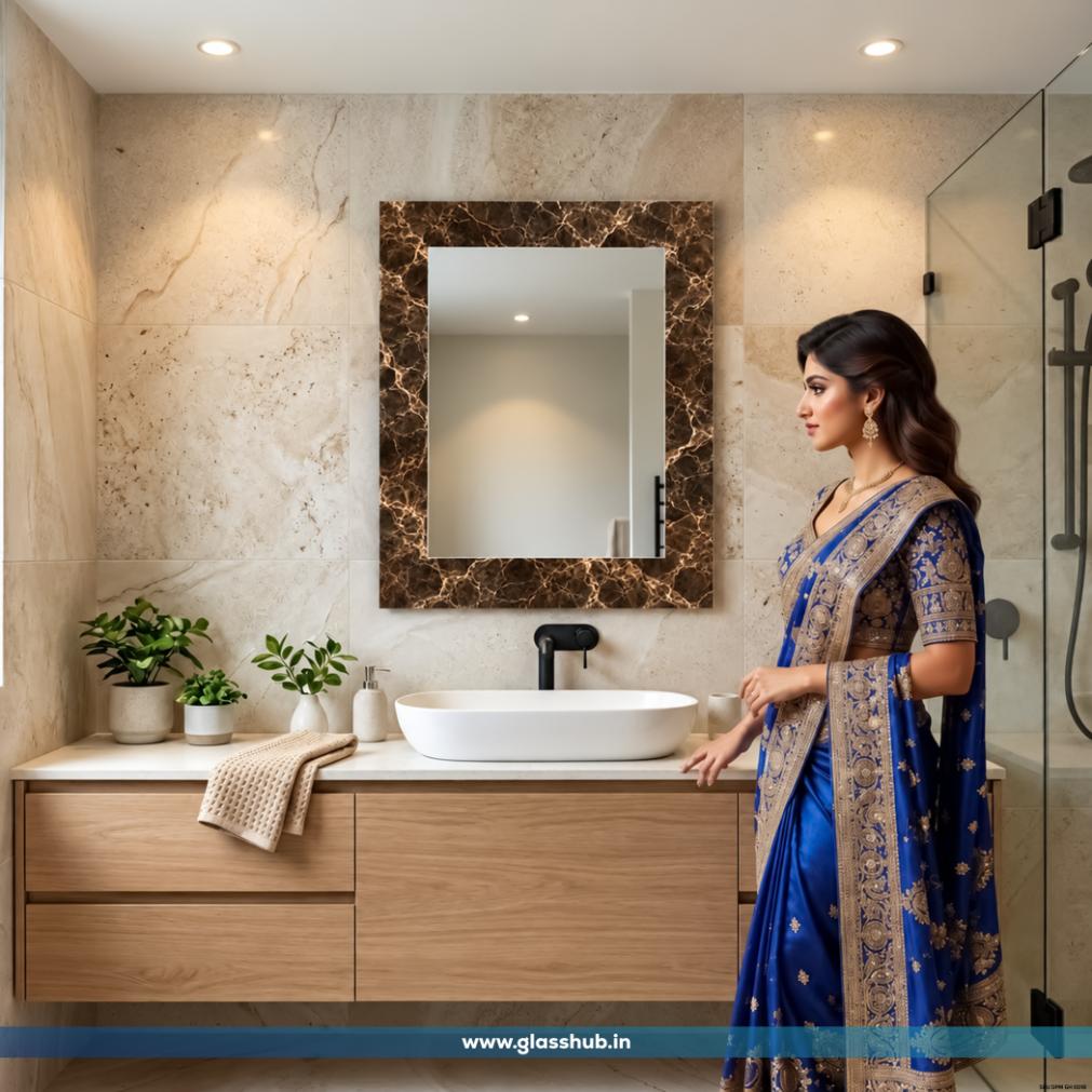 Luxury Brown Marble-Effect Bathroom Vanity Mirror – Modern Rectangular Decorative Wall Mirror