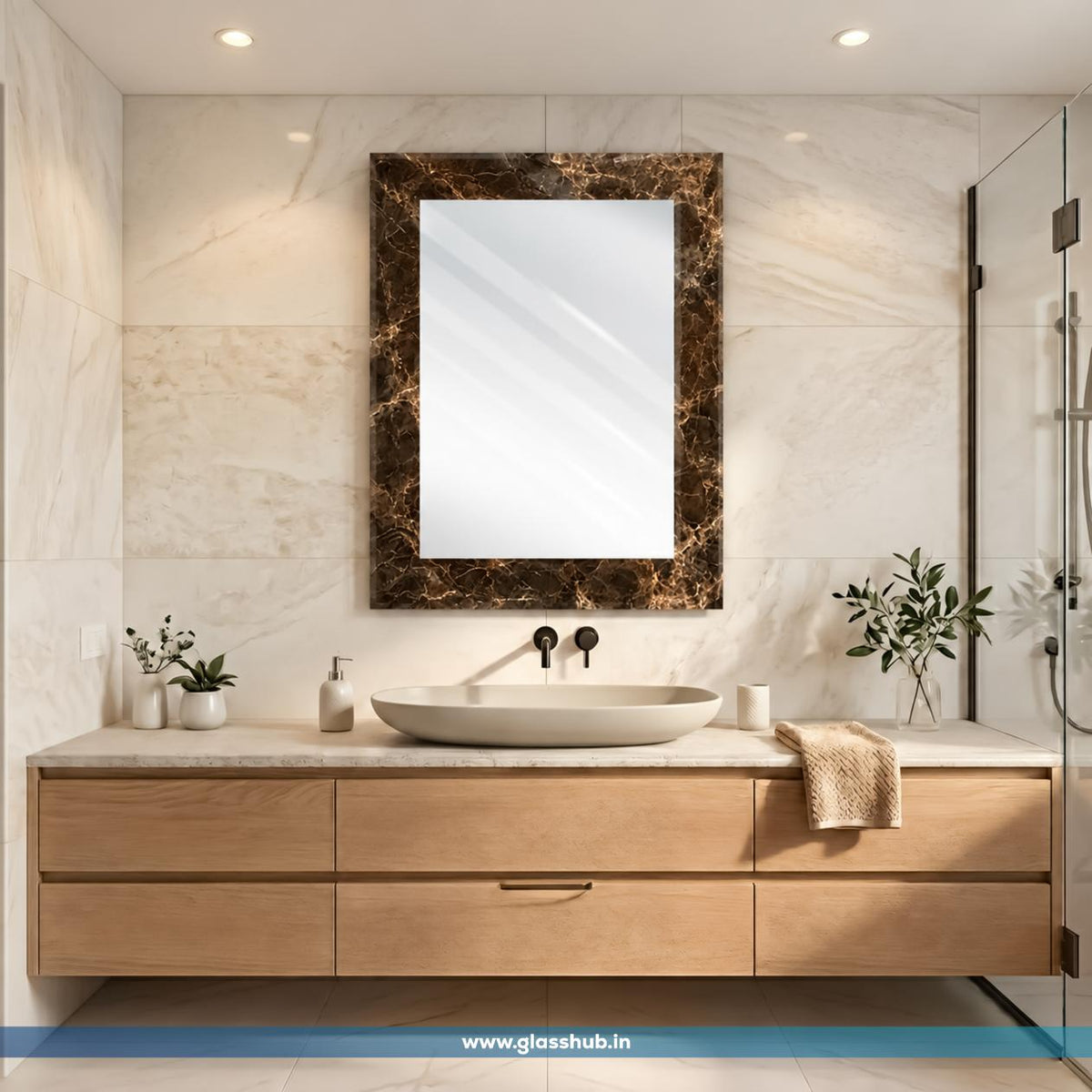 Luxury Brown Marble-Effect Bathroom Vanity Mirror – Modern Rectangular Decorative Wall Mirror