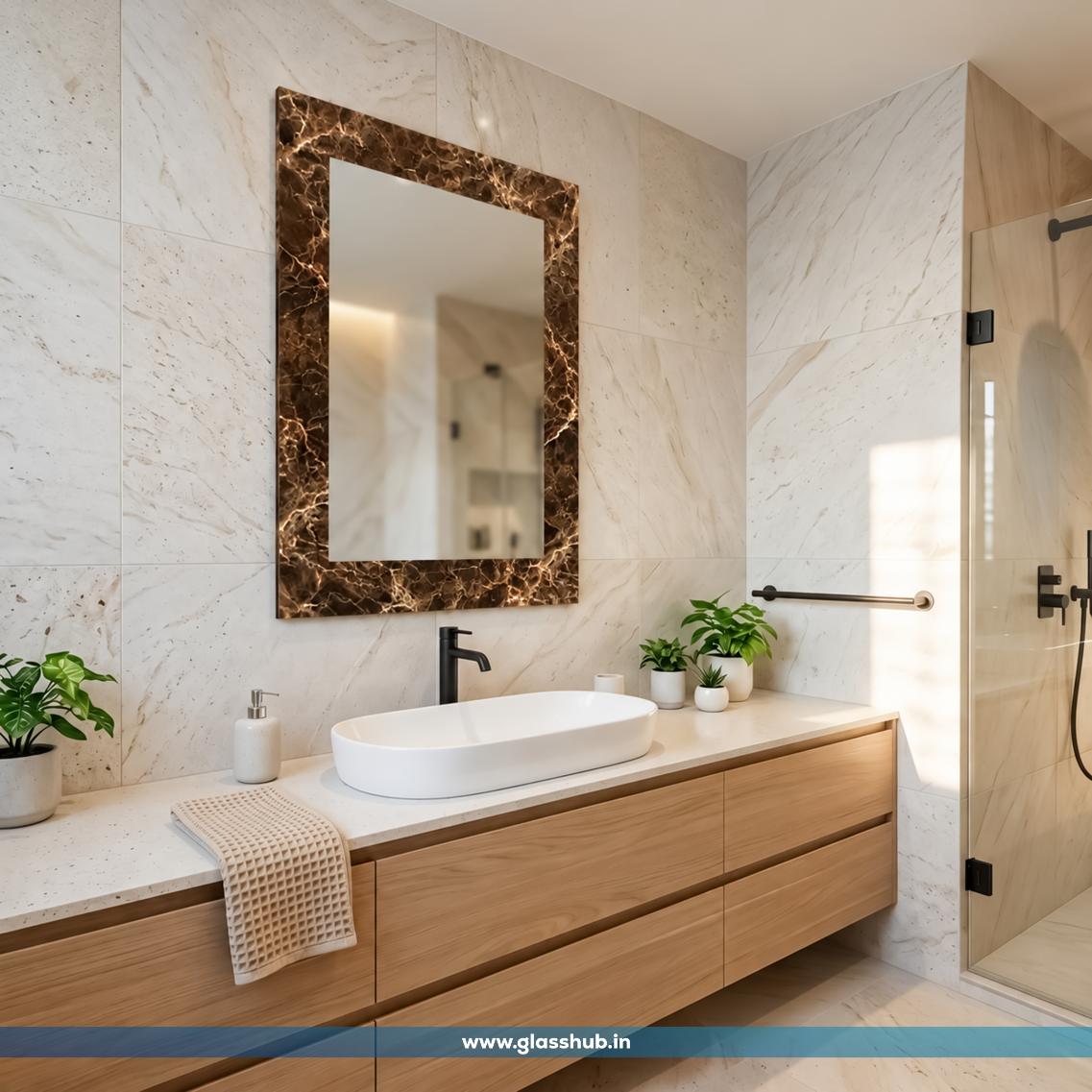 Luxury Brown Marble-Effect Bathroom Vanity Mirror – Modern Rectangular Decorative Wall Mirror