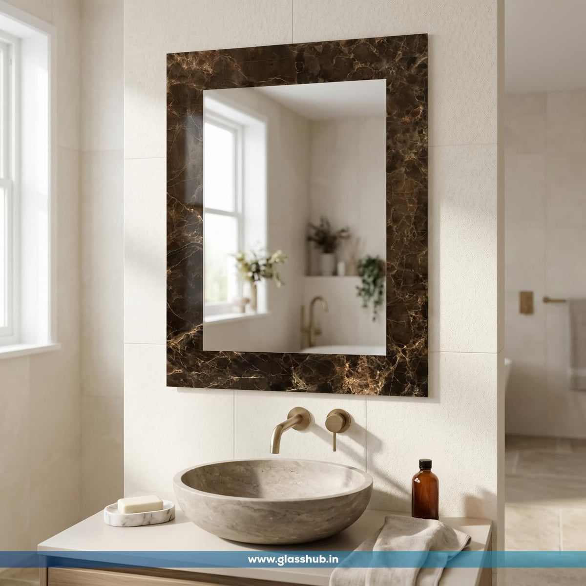 Luxury Brown Marble-Effect Bathroom Vanity Mirror – Modern Rectangular Decorative Wall Mirror