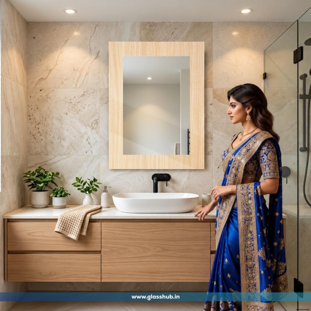 Light Oak Wooden Frame Bathroom Vanity Mirror – Modern Rectangular Wall Mirror