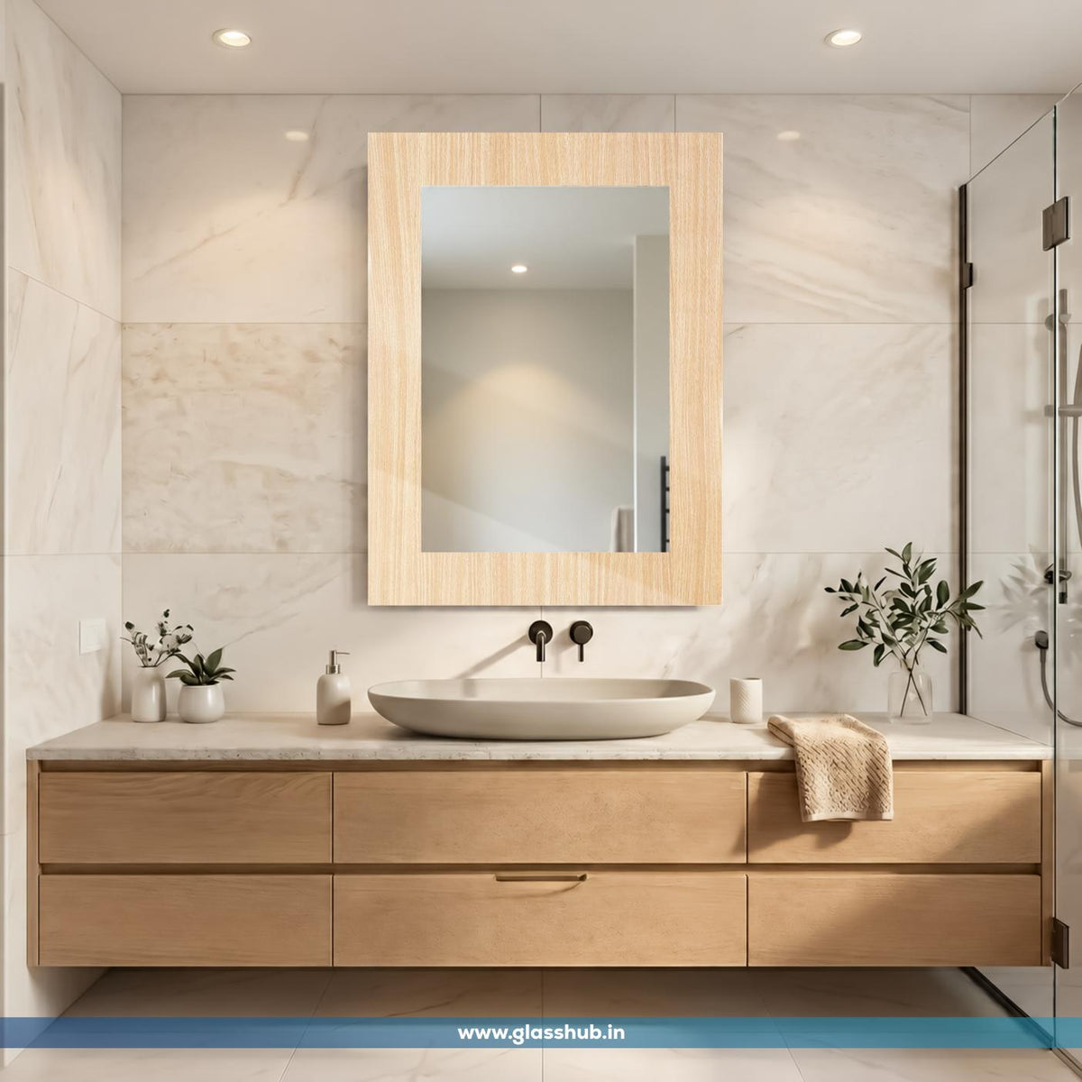 Light Oak Wooden Frame Bathroom Vanity Mirror – Modern Rectangular Wall Mirror